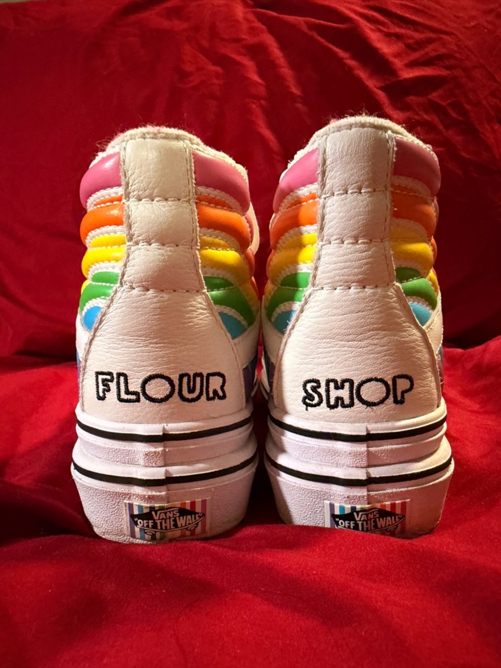 Vans x Flour Shop White High-Top Sneakers with Rainbow Stripes